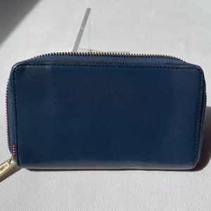 Leather Herschel Wallet, Navy Blue with red stripped interior